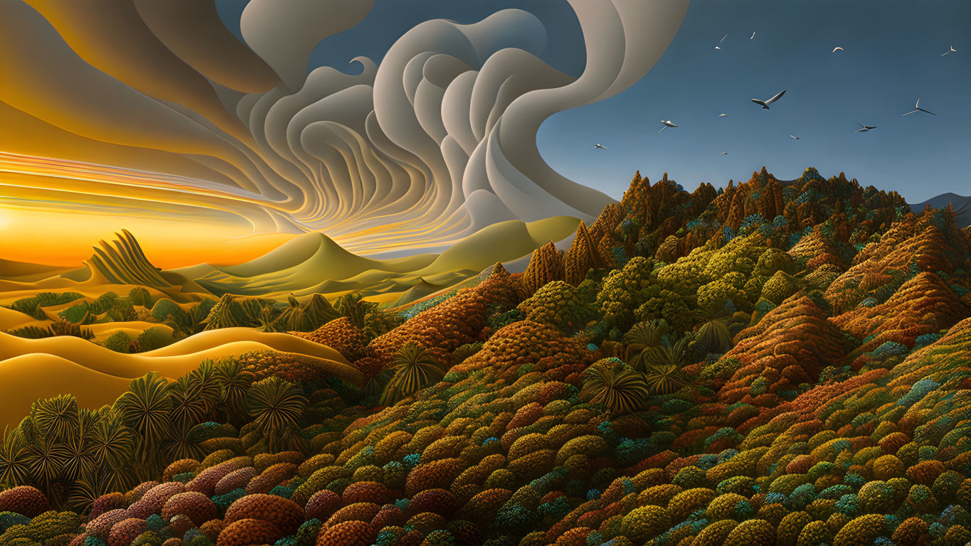 Vibrant surreal landscape with undulating hills, diverse trees, birds, and whimsical clouds at