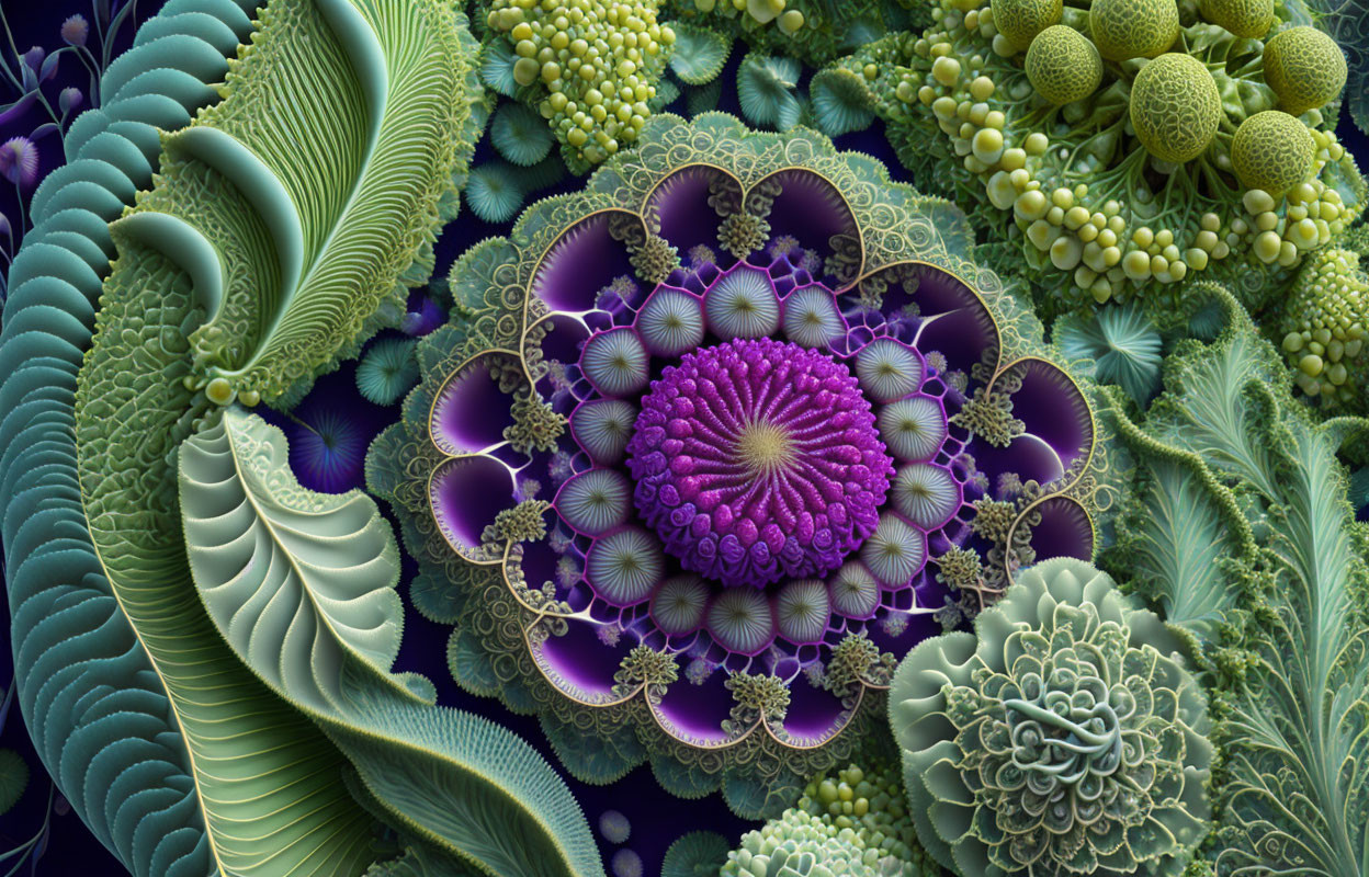 Colorful Fractal Art with Green and Purple Symmetrical Patterns