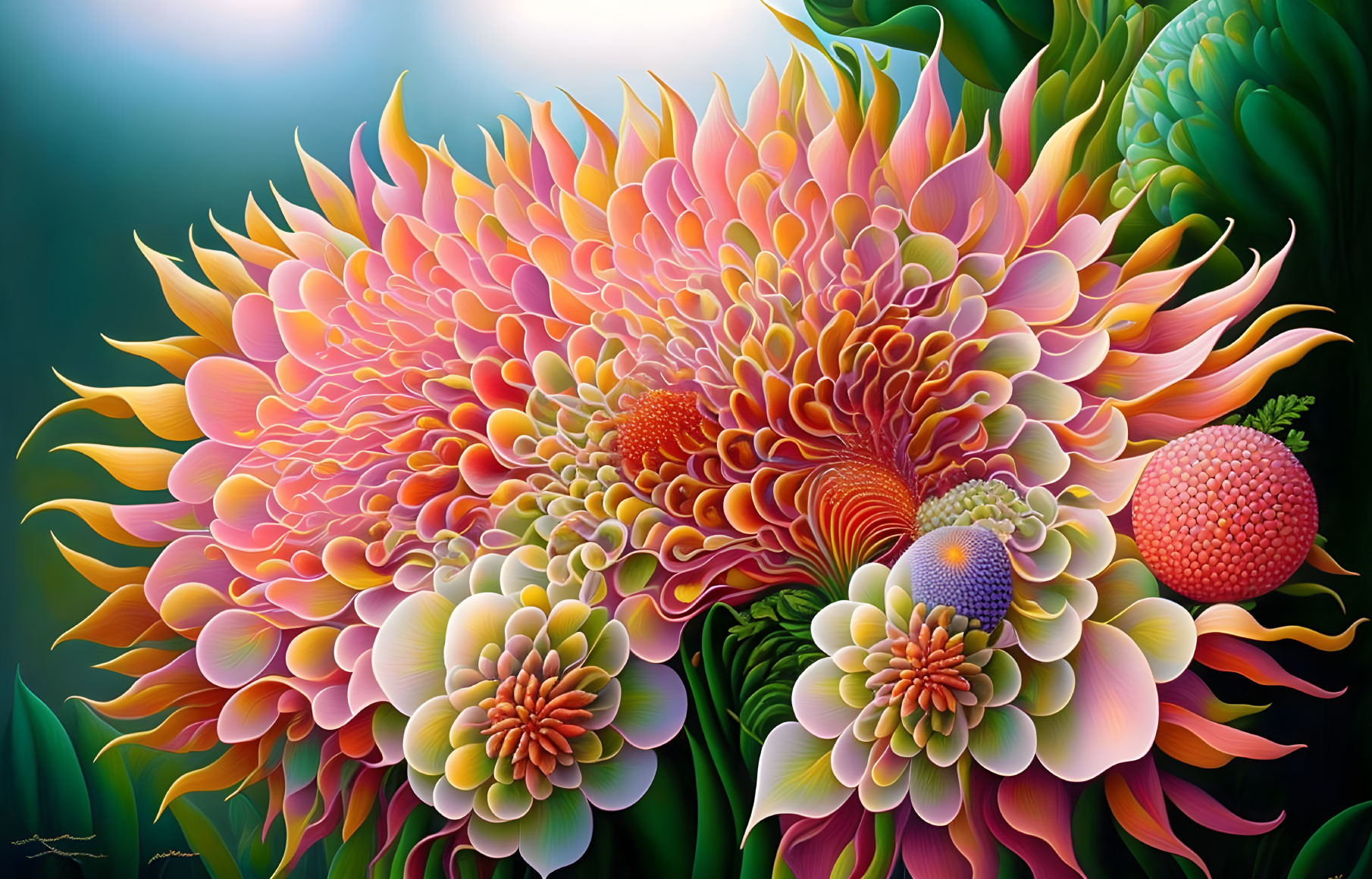 Colorful Floral Artwork with Layered Petals in Orange, Pink, and Yellow