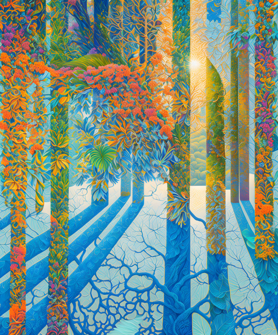 Colorful Forest Scene with Blue Trees and Detailed Foliage