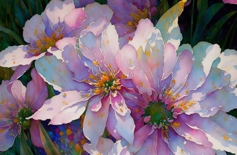 Colorful Watercolor Painting of Blooming Flowers in Purple, Pink, and Yellow