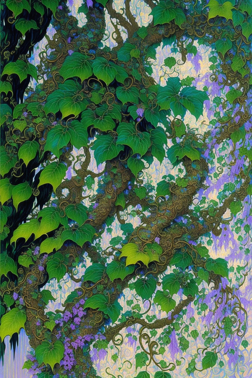 Colorful artwork: green leaves, purple flowers, intricate patterns