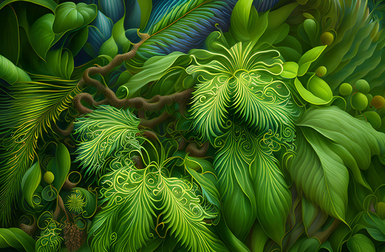 Colorful digital artwork: Intricate green jungle with leafy patterns & twisting branches in lush foliage