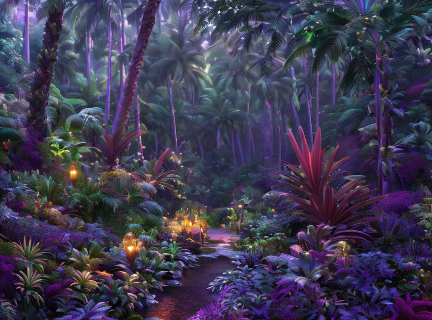 Vibrant purple forest with palm trees, stream, lanterns