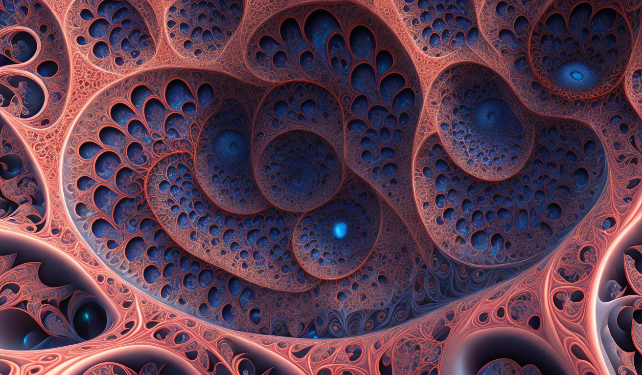 Detailed Fractal Pattern in Deep Blue and Coral Tones