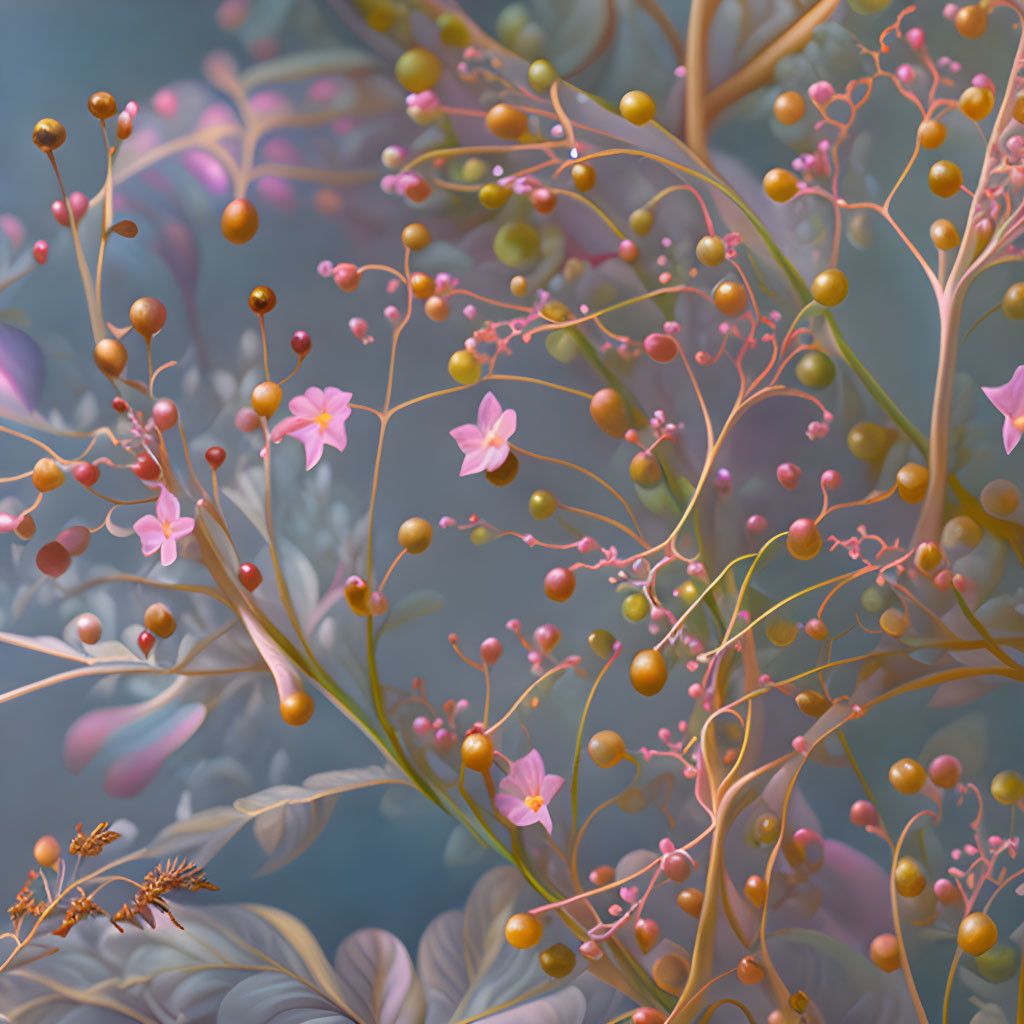 Delicate flowers and berries in warm autumn hues on moody background