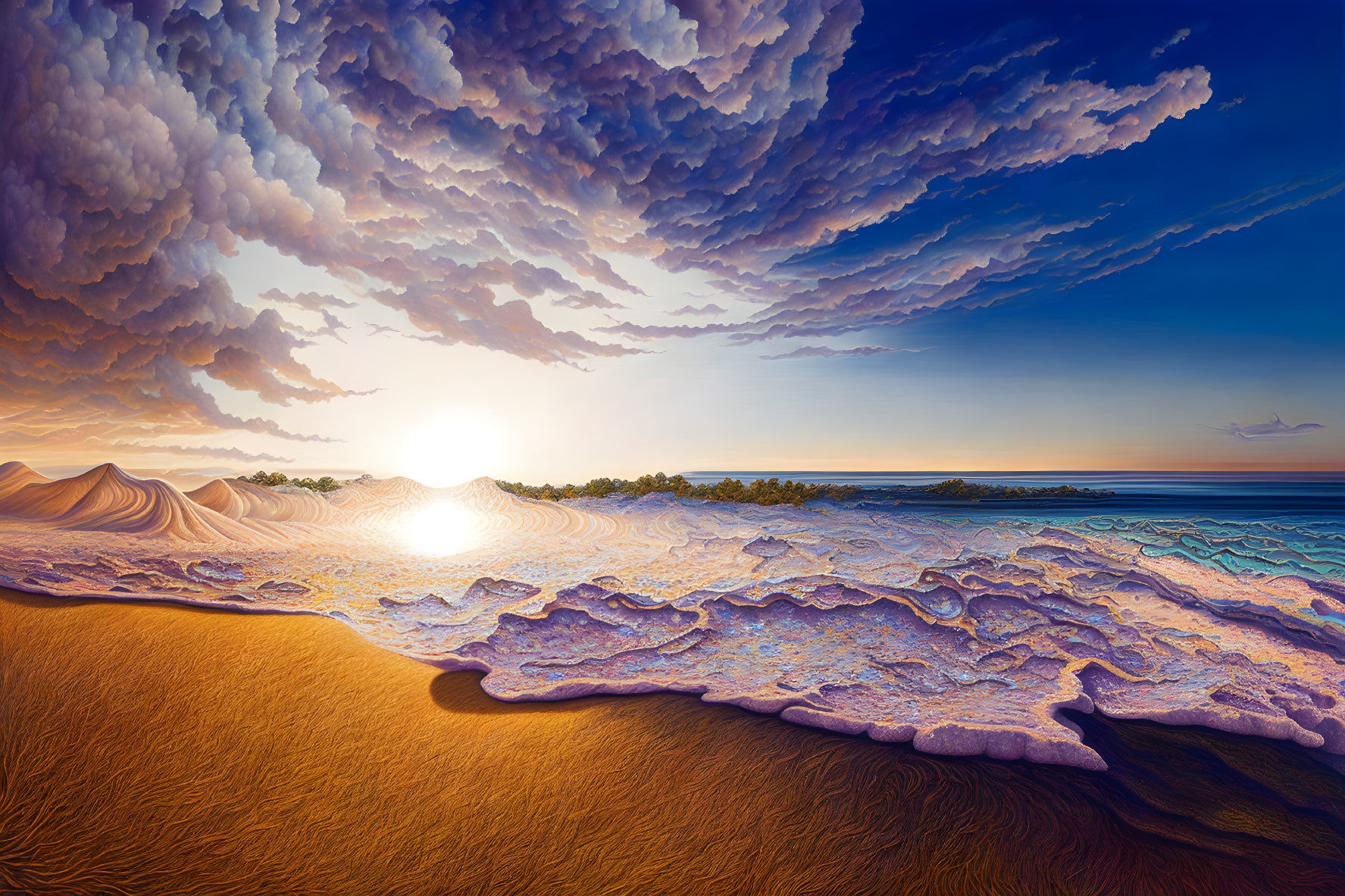 Desert sand dunes meet lavender-tinted water under a dramatic sunset sky