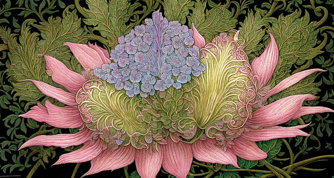 Pink Petals Surround Blue Flowers on Leafy Green Background