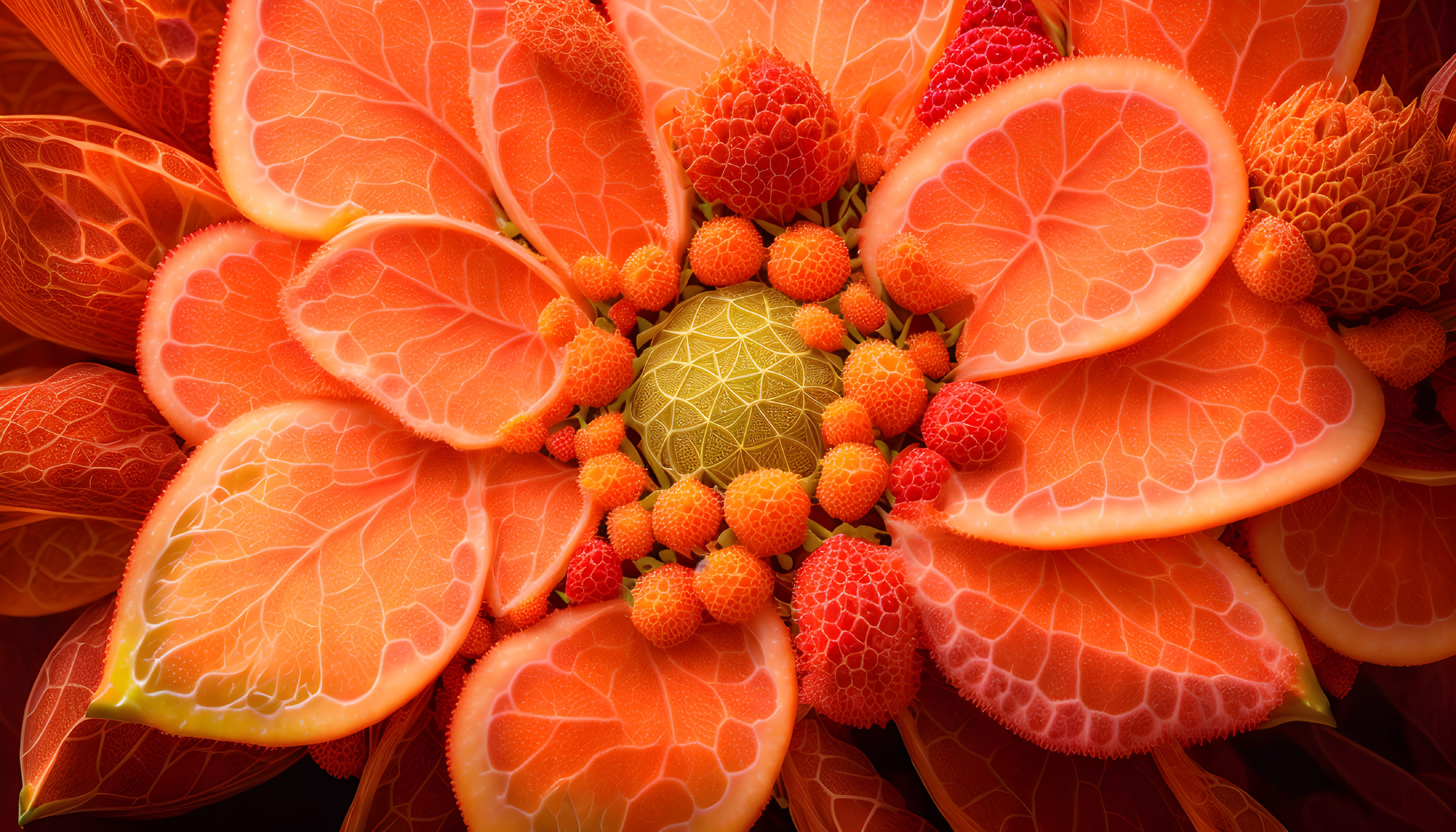 Colorful Citrus and Berry Floral Arrangement with Textures and Shades of Orange