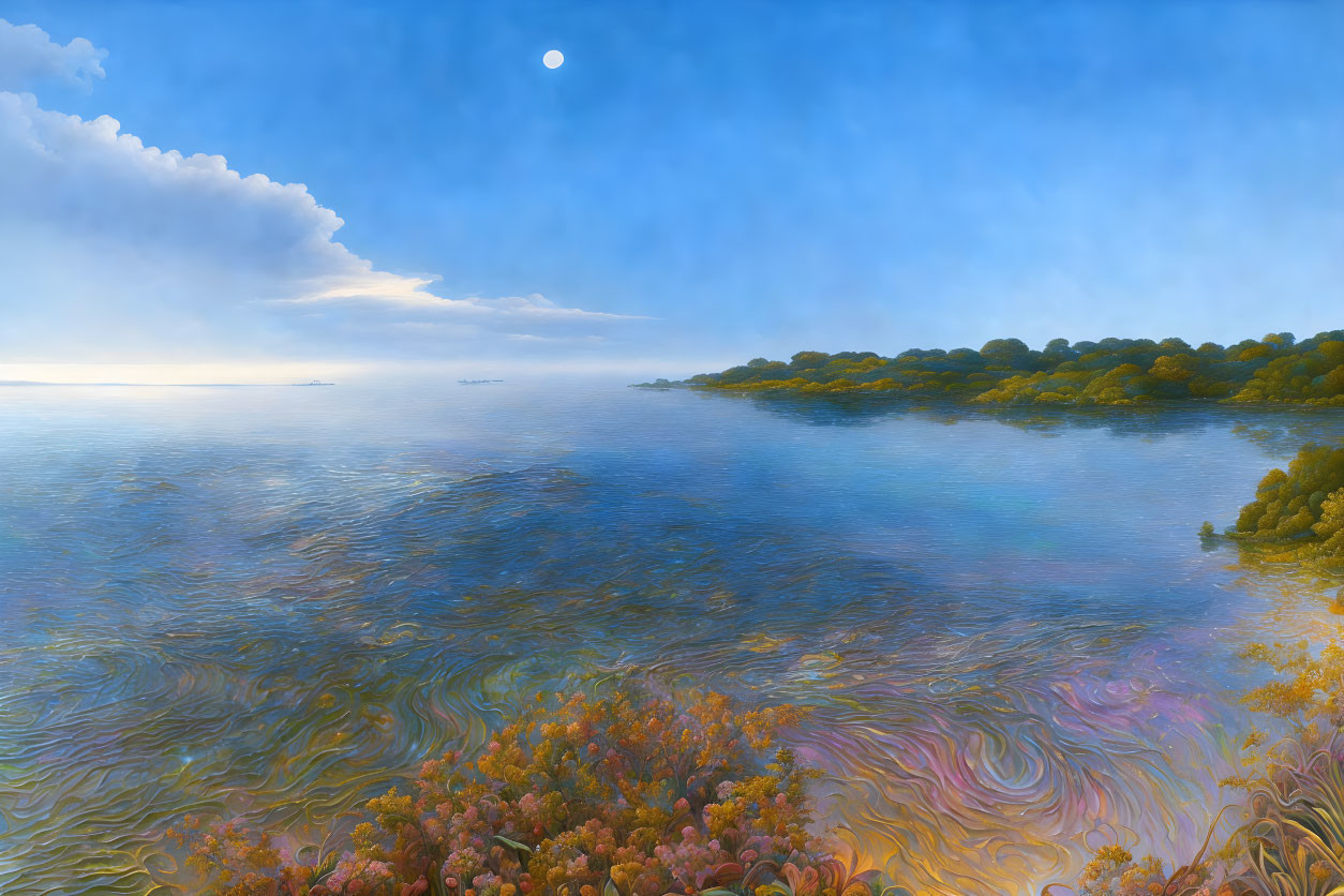 Tranquil landscape with calm sea, lush forest, and full moon