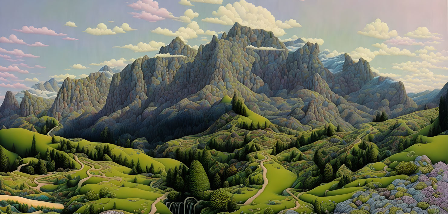 Stylized landscape with green hills, road, waterfalls, and mountains