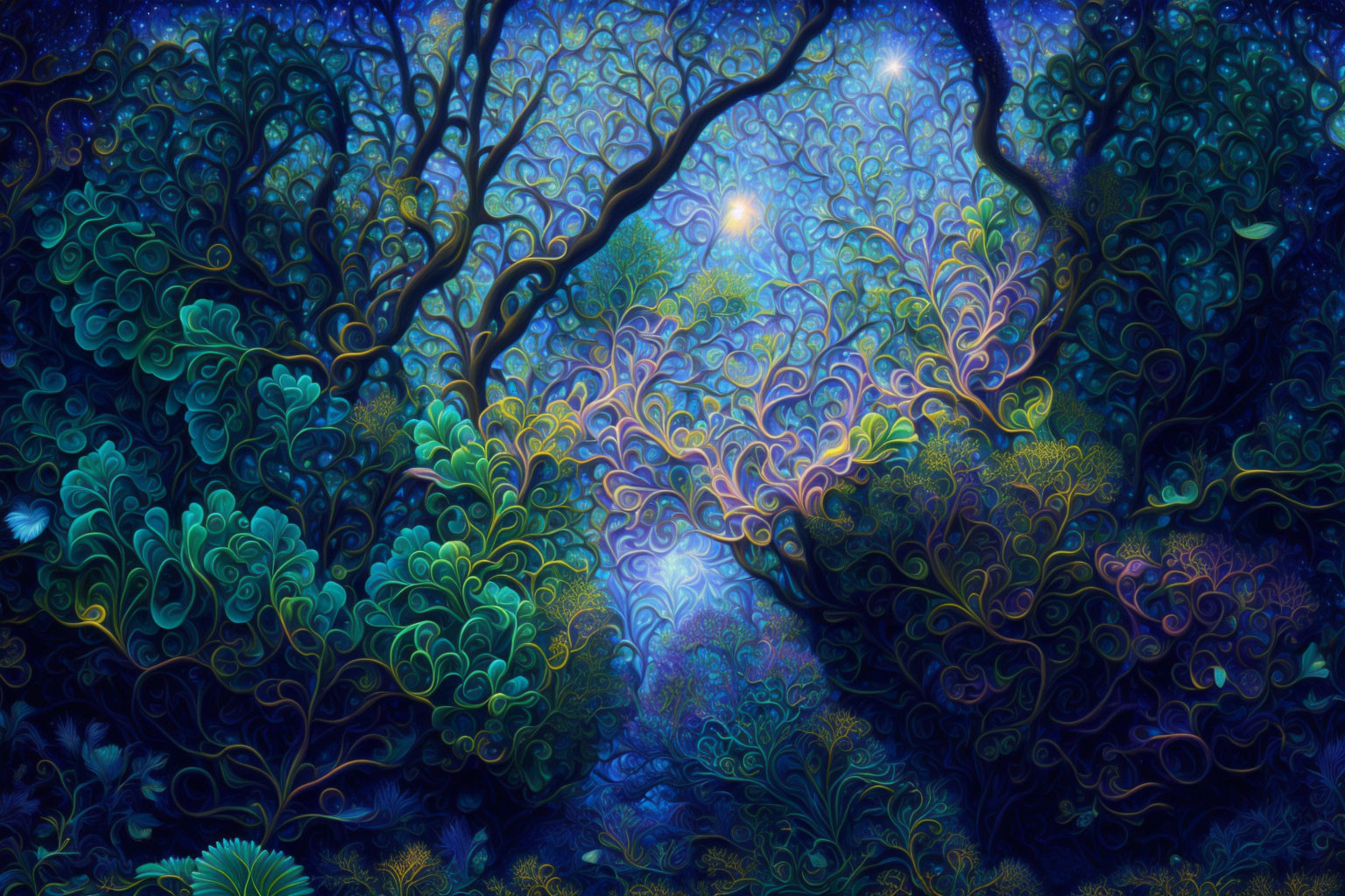 Vibrant swirling foliage in mystical forest at night