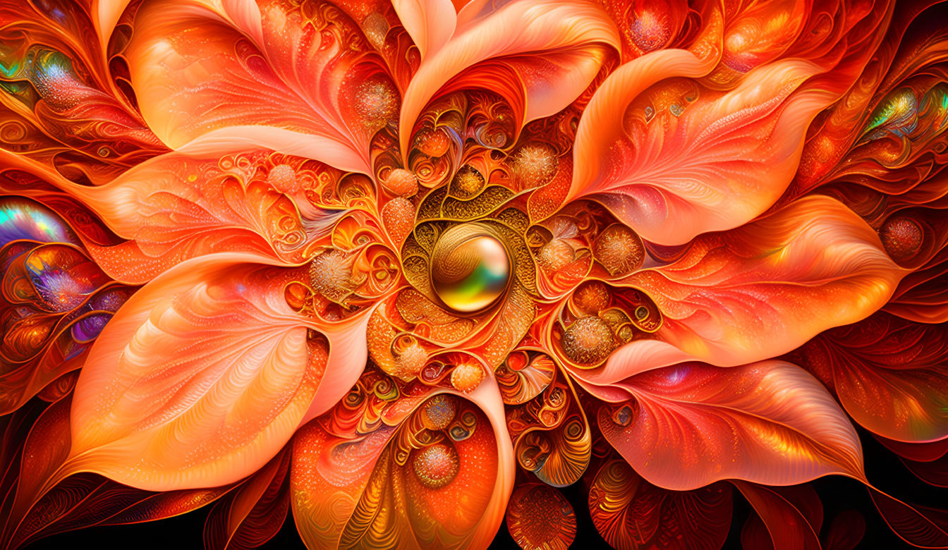 Intricate red, orange, and gold digital artwork with swirling organic shapes