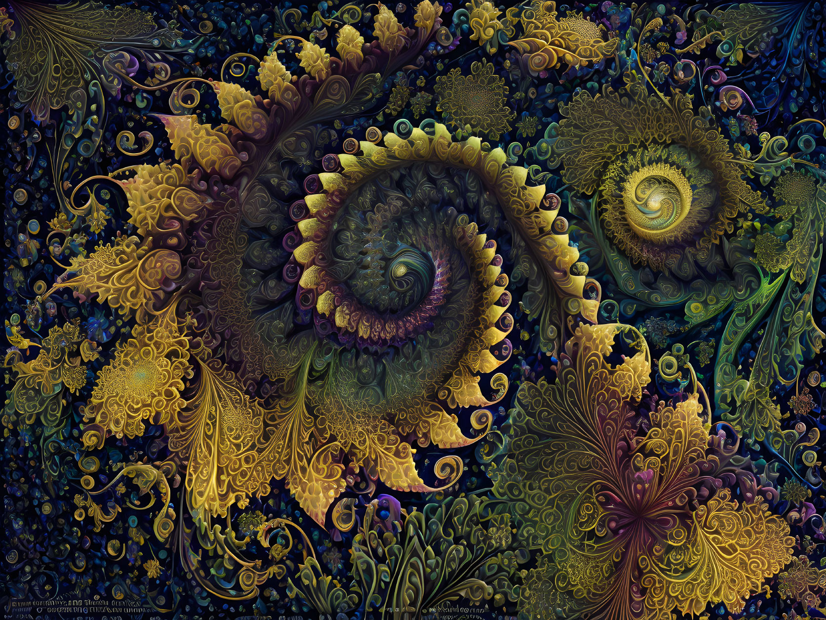 Intricate Blue, Gold, and Green Fractal Patterns