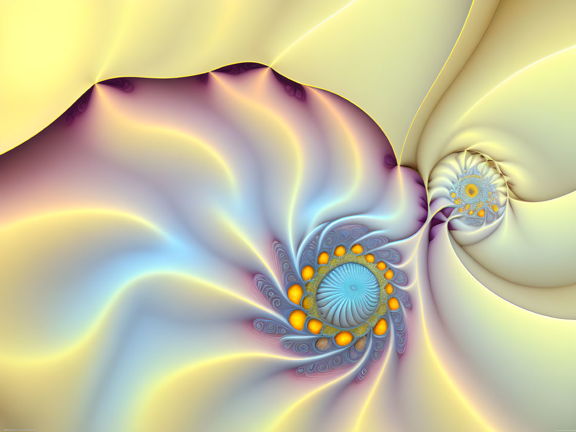 Blue, Yellow, and White Fractal Swirls with Orange Circles