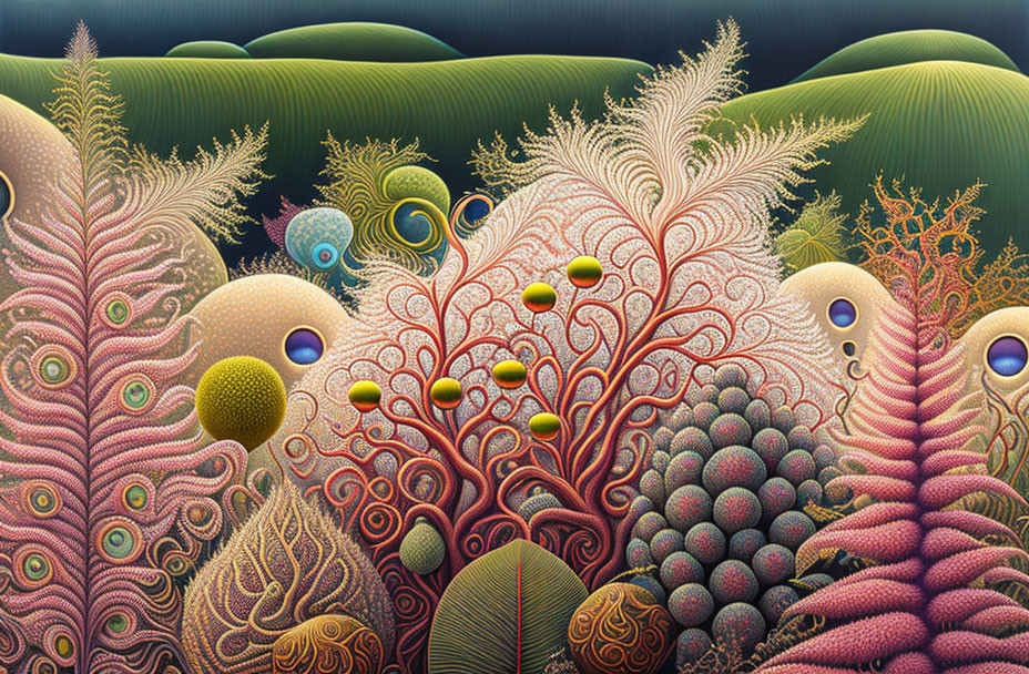 Surreal landscape with intricate plant-like forms and colorful spheres