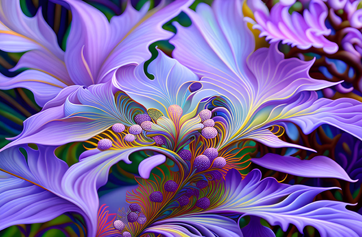 Colorful digital artwork featuring stylized purple and blue floral patterns