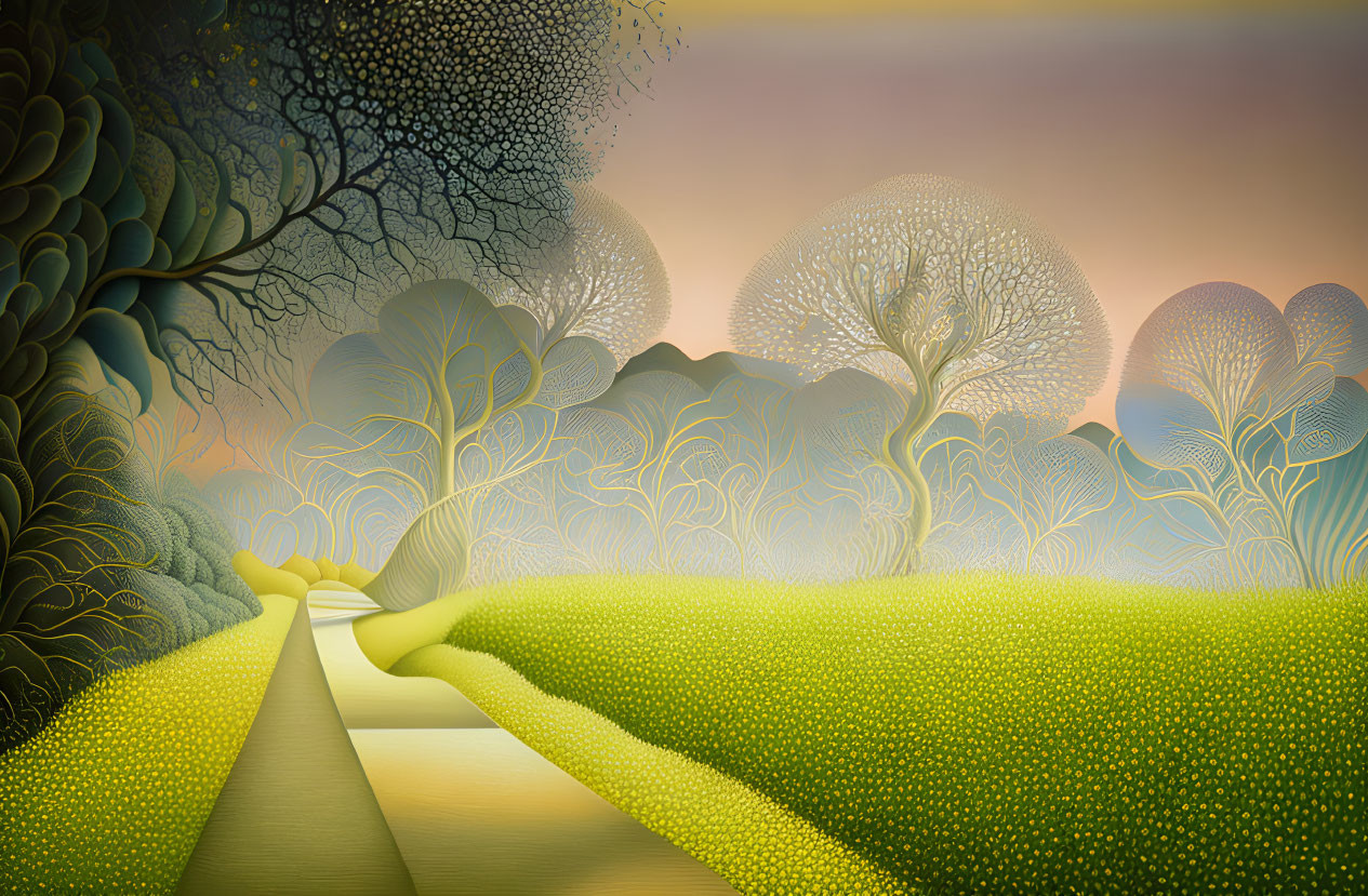 Stylized landscape with yellow path, green hills, patterned trees, gradient sky