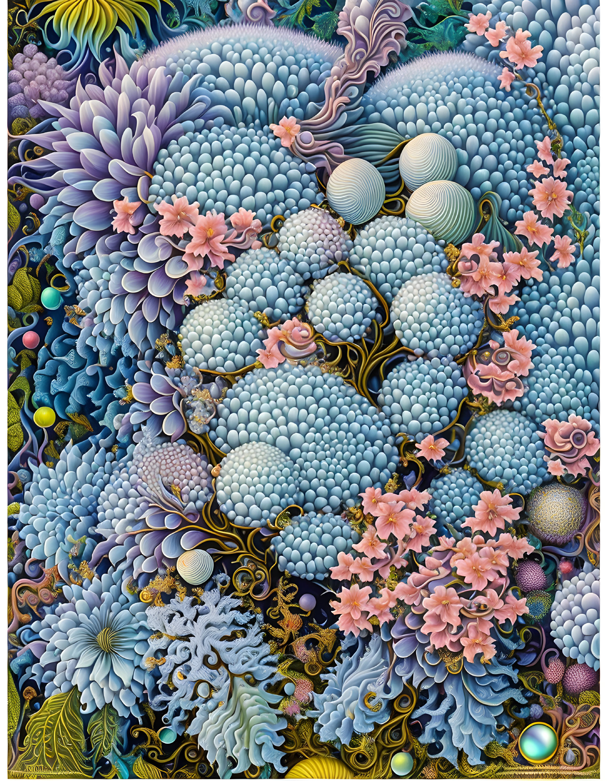 Detailed surreal floral and marine life fusion artwork with vibrant colors