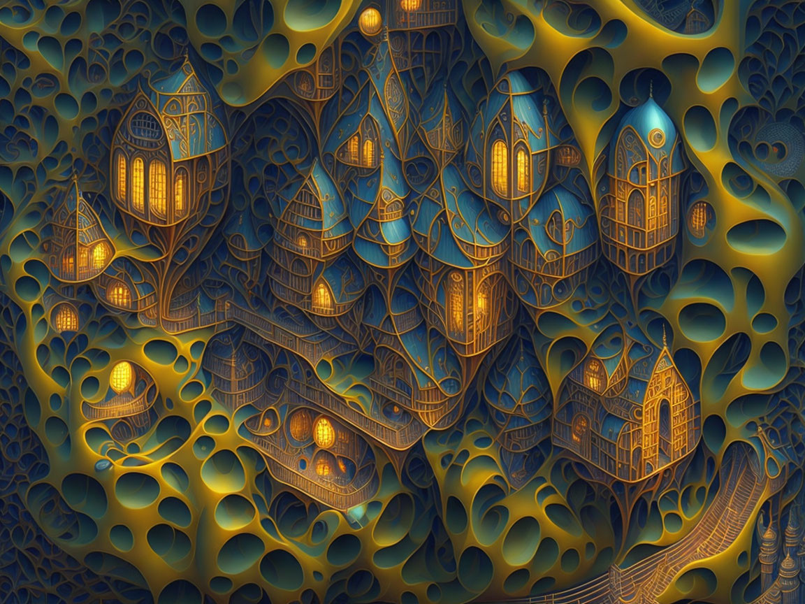 Whimsical digital art: Glowing houses, bridge, swirl motifs in blue and gold