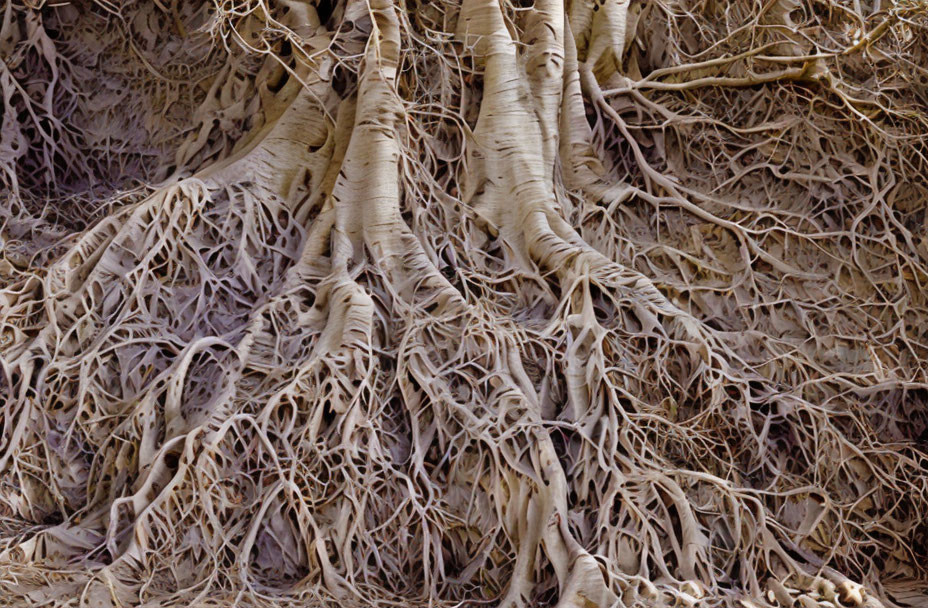 Interconnected banyan tree root system.