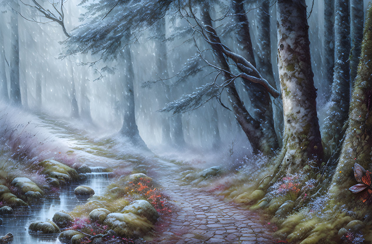 Snowy Forest Scene with Cobblestone Path, Moss, Red Foliage, Stream, and