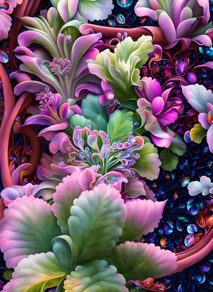 Colorful digital art: stylized floral elements in pink, green, and blue