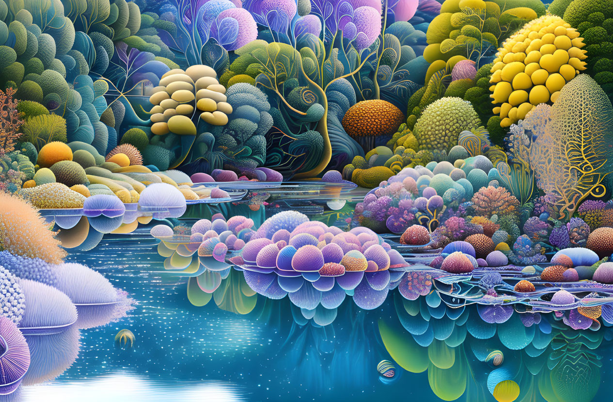 Colorful Stylized Flora Reflecting in Tranquil Fantasy Landscape