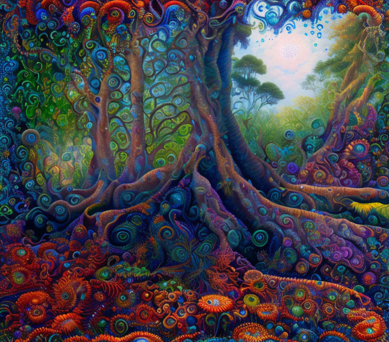 Colorful Psychedelic Forest with Swirling Patterns and Intricate Tree Roots