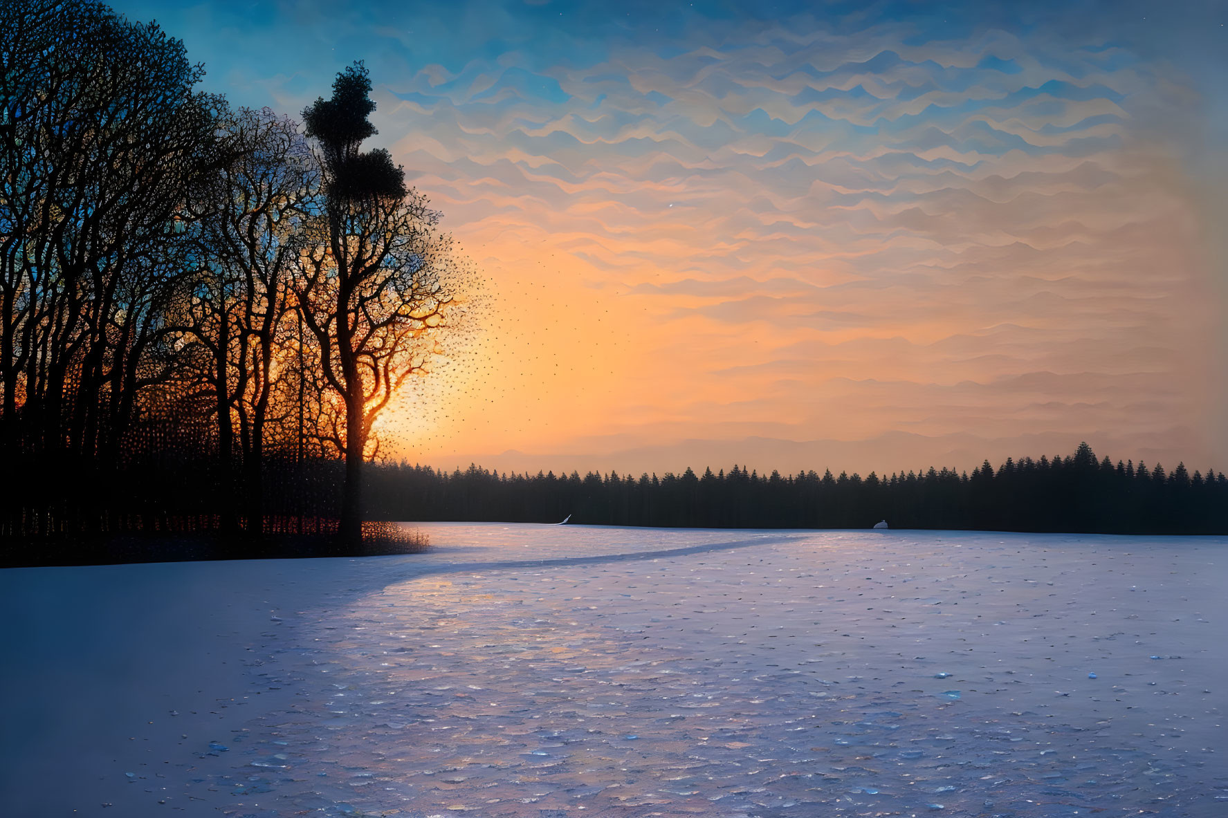 Vibrant winter dusk scene with colorful sky and snow-covered landscape