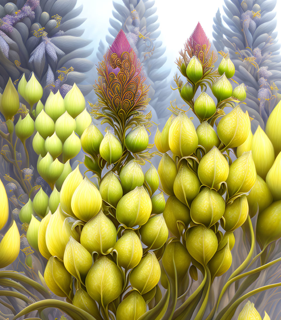 Colorful digital artwork: Stylized plants with yellow bulbous structures