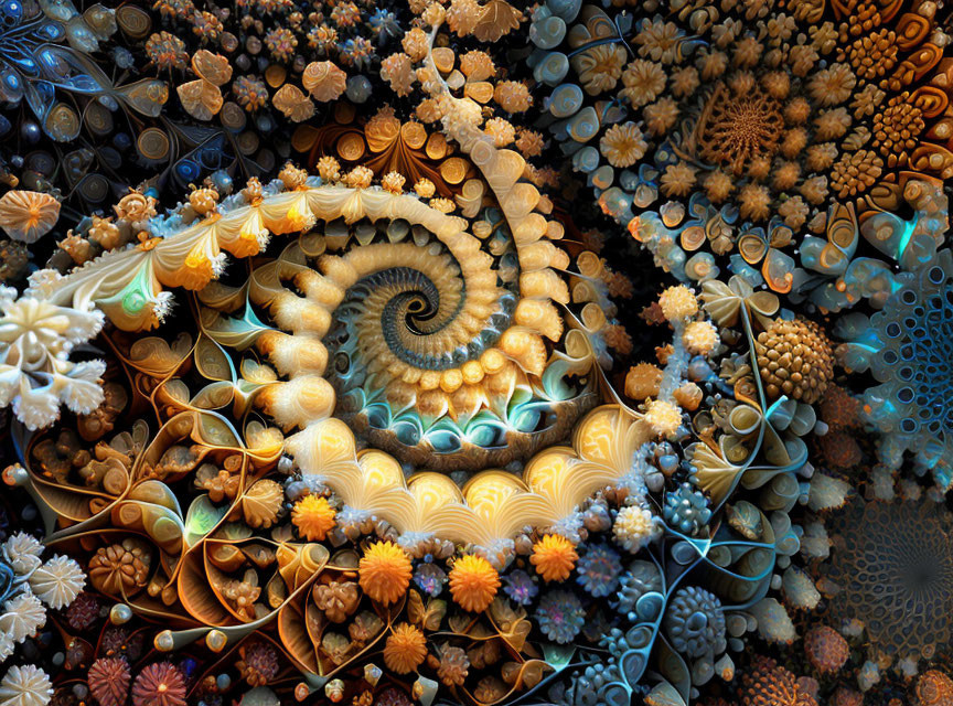 Colorful Spiral Fractal Art with Intricate Coral Patterns