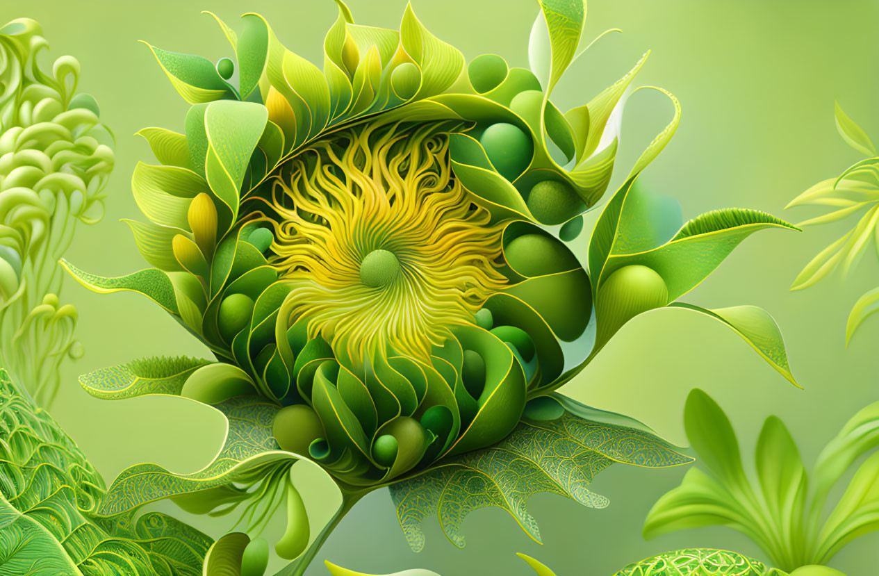 Fractal-inspired artwork with green leaf patterns spiraling towards yellow bloom