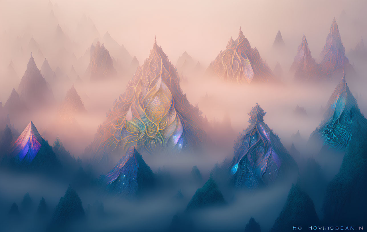 Surreal landscape with ornate, fractal-like mountains in pink, blue, and orange hues