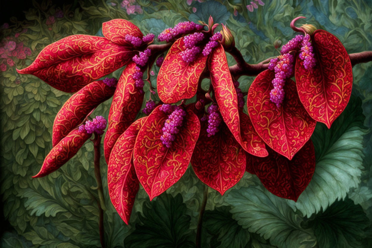 Ornate red leaves and purple berries on branch against dark green background