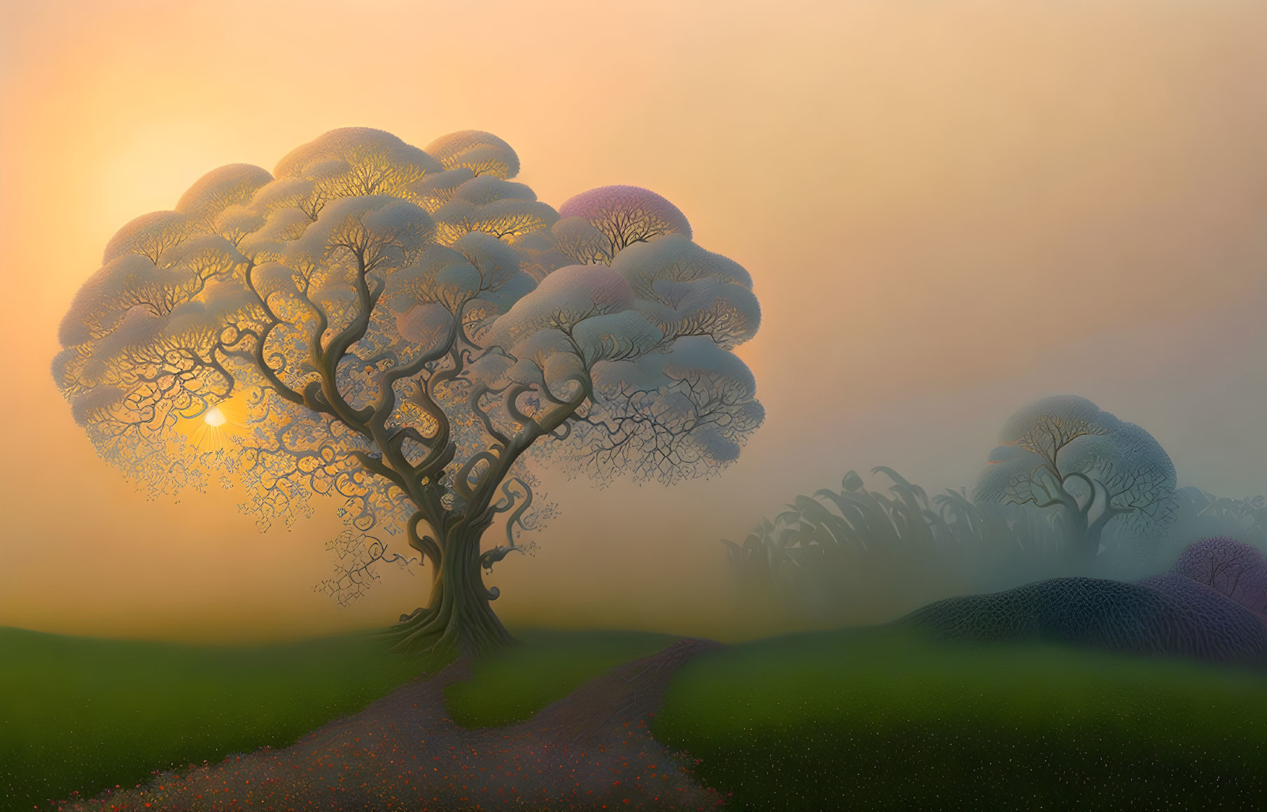 Stylized landscape with intricate tree and sunset backdrop