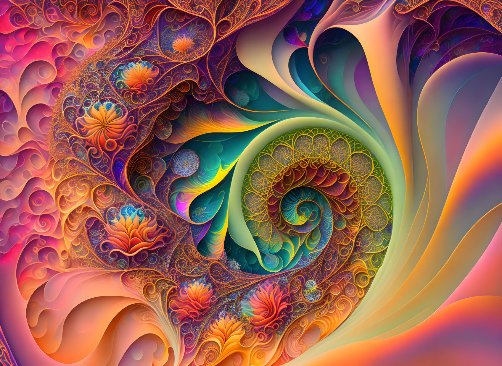 Colorful fractal image with intricate floral motifs and swirling patterns