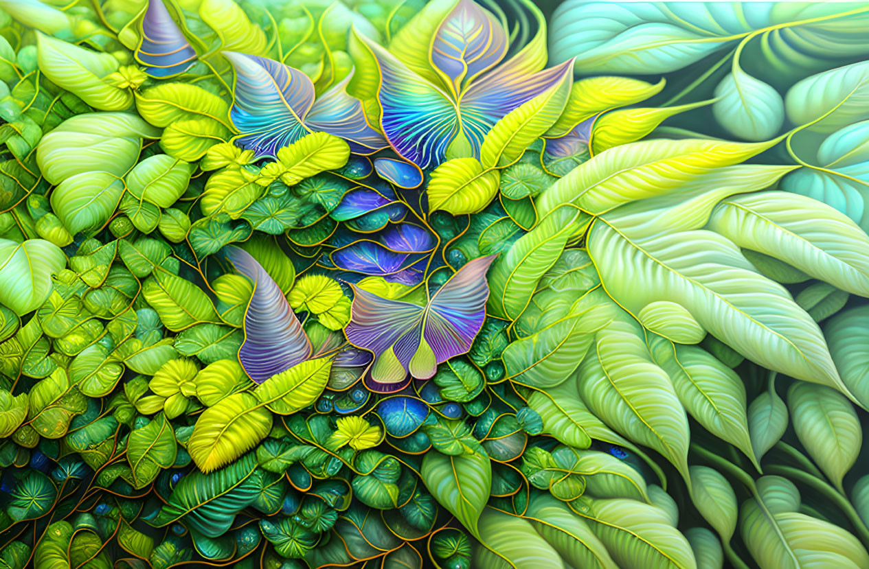 Vivid digital artwork: lush greenery, colorful butterflies, intricate leaf patterns