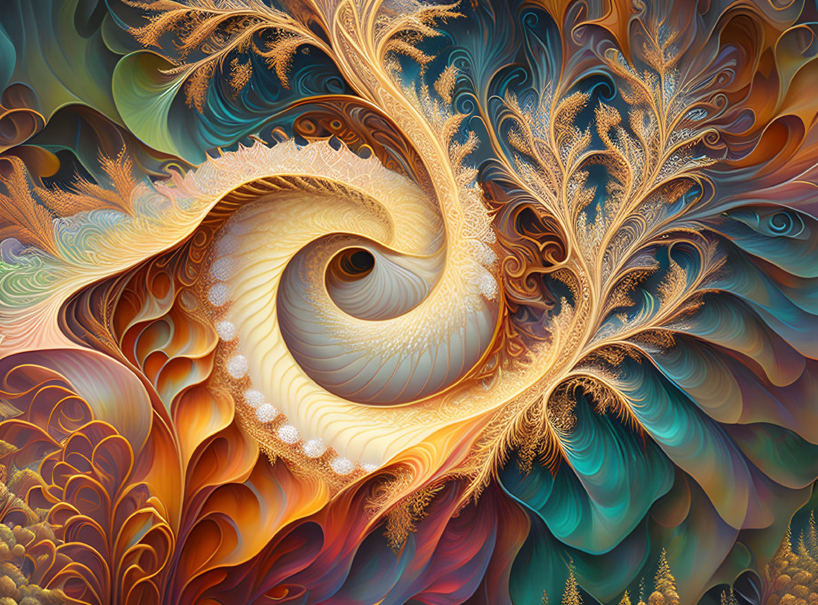 Colorful Fractal Spiral with Feather-Like Autumn Patterns