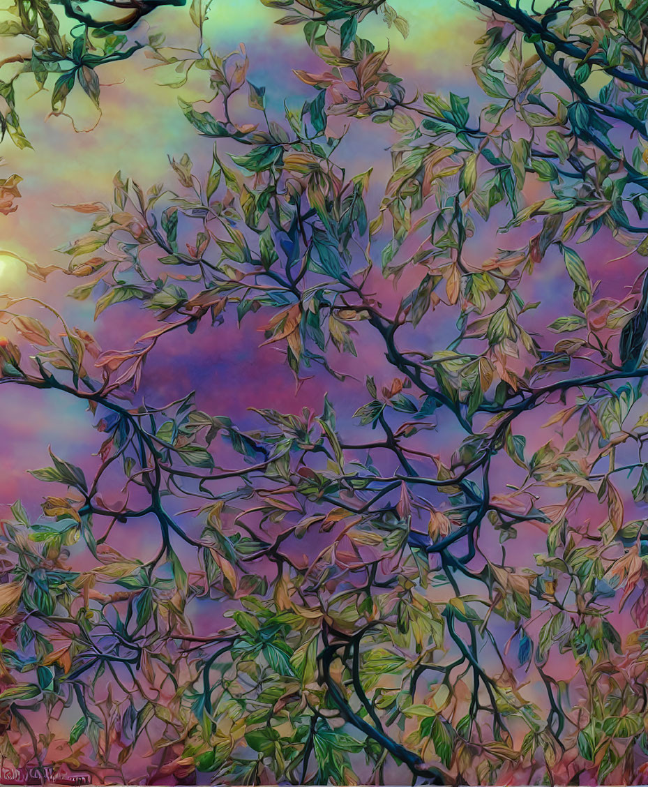 Colorful Tree Branches and Leaves Against Pastel Sky