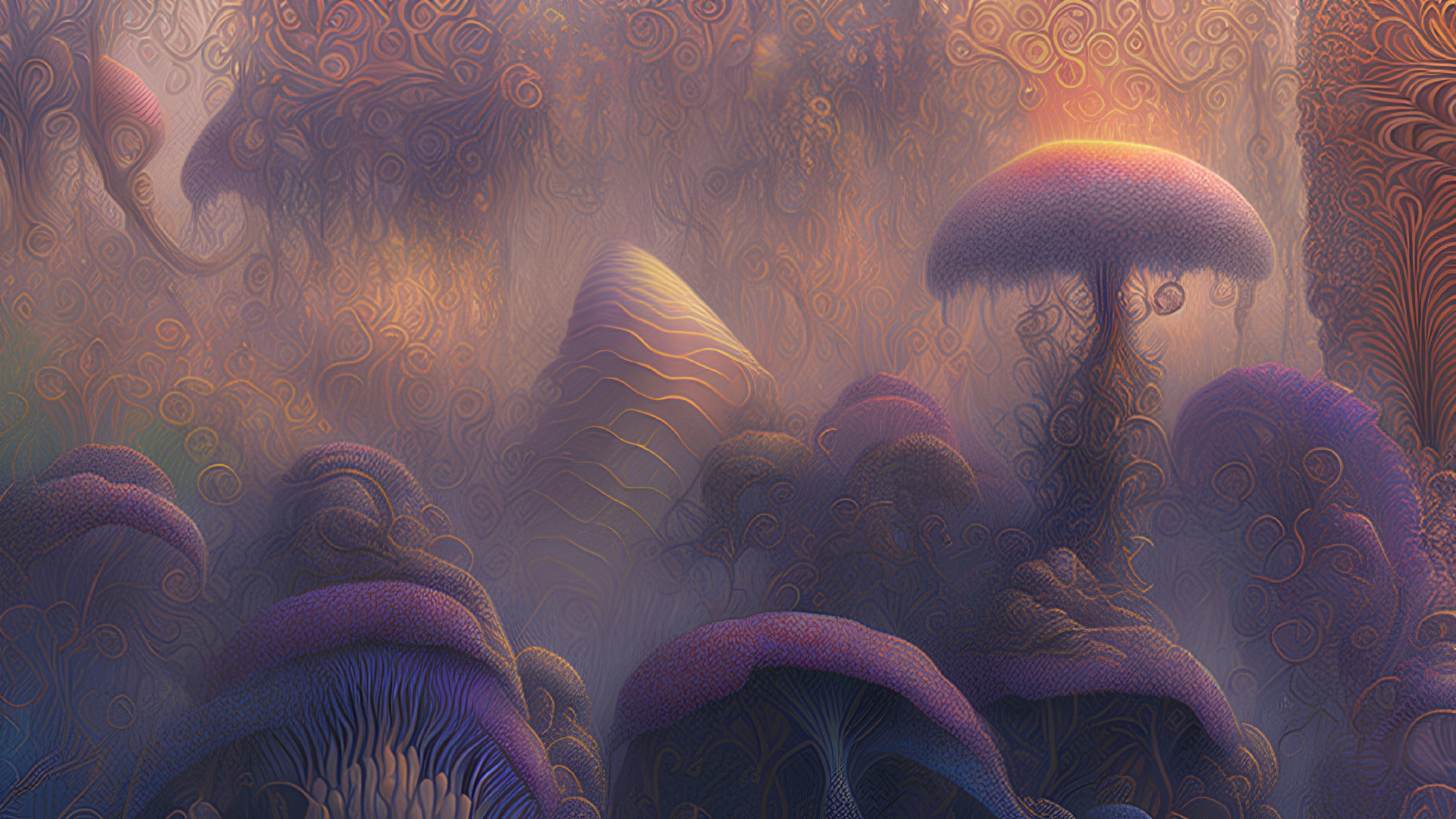 Colorful Mushroom Landscape with Surreal, Dreamy Atmosphere