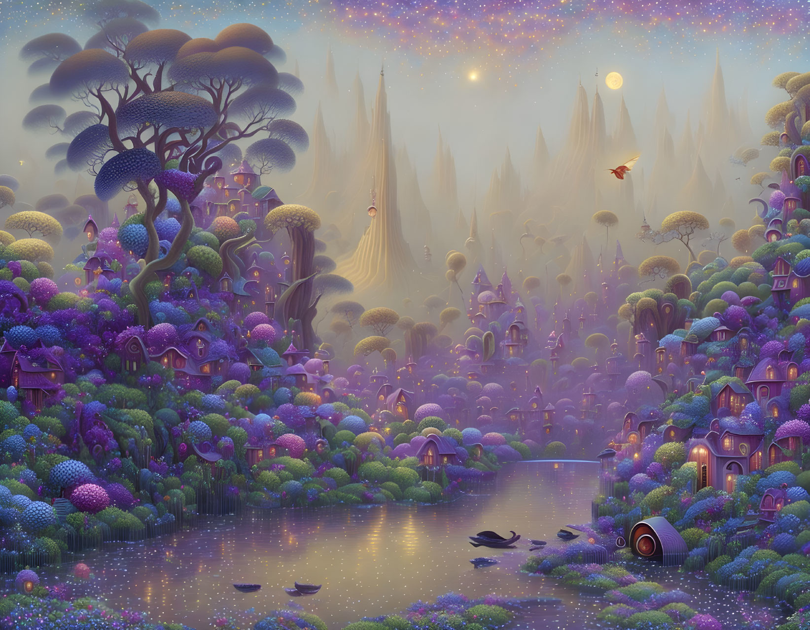 Whimsical purple trees and mushroom houses in mystical landscape