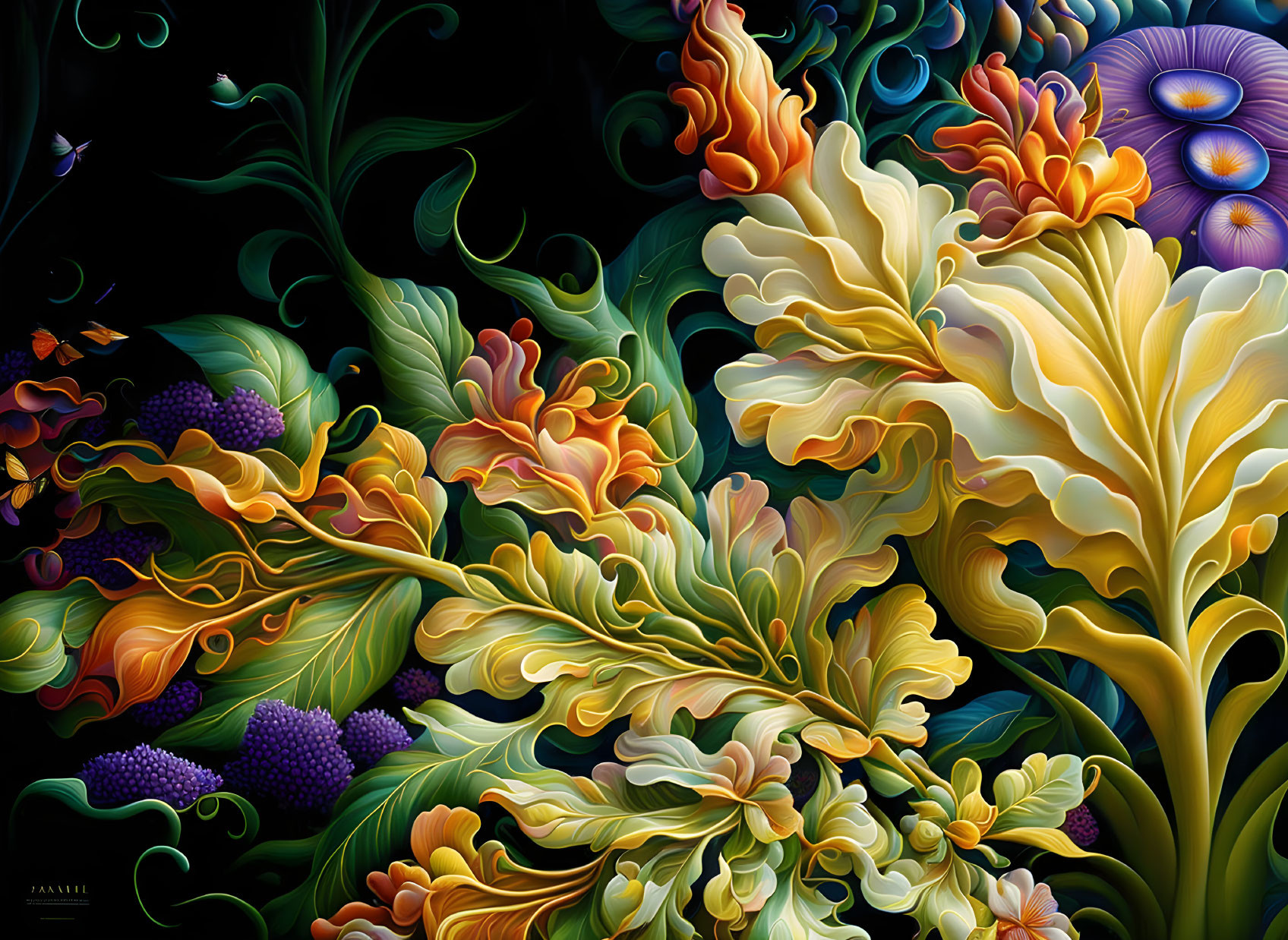 Colorful Floral Artwork with Yellow, Orange, and Purple Hues