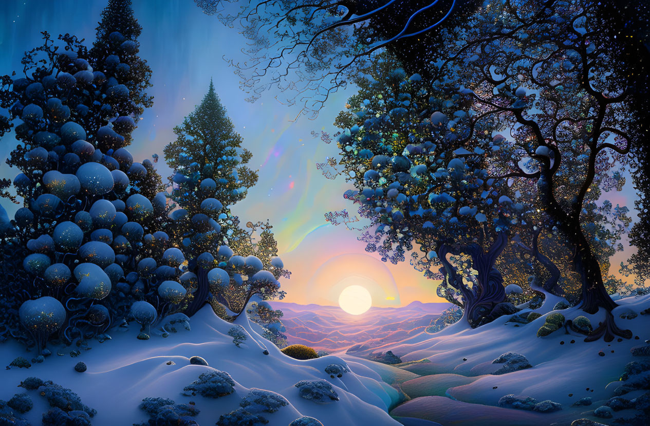 Snow-covered trees in colorful sunset with glowing sun