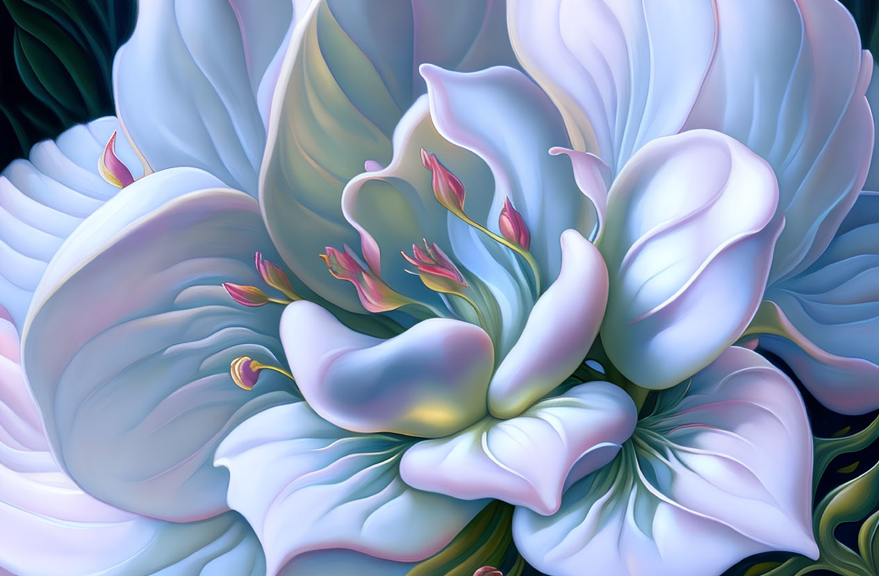 Large Intricate Flower with Soft Blue and White Petals Enhanced Digitally