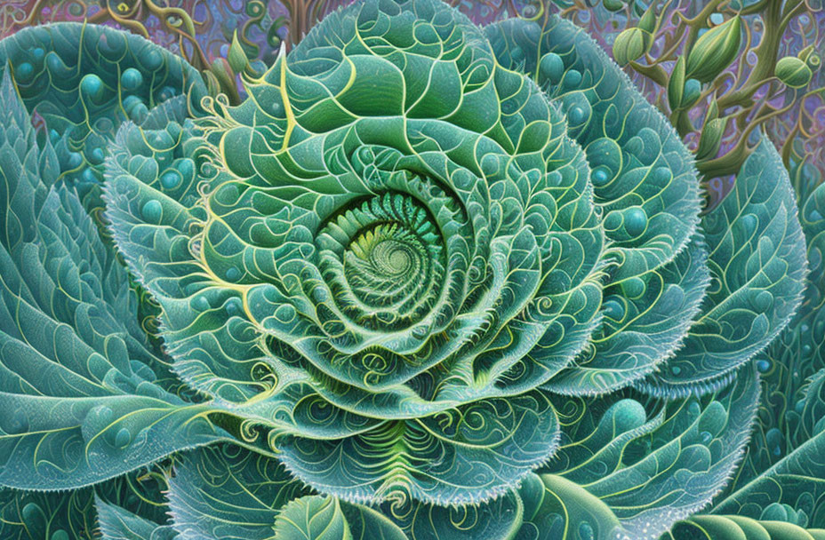 Fractal pattern of green cabbage with spiraling leaves