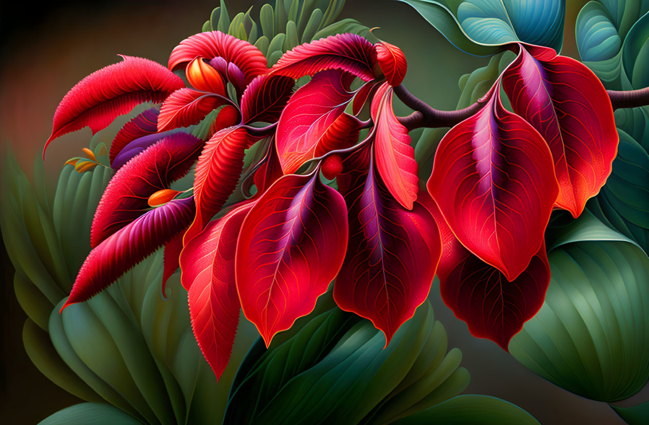 Colorful digital artwork featuring red leaves and green foliage with intricate veins and a glossy finish