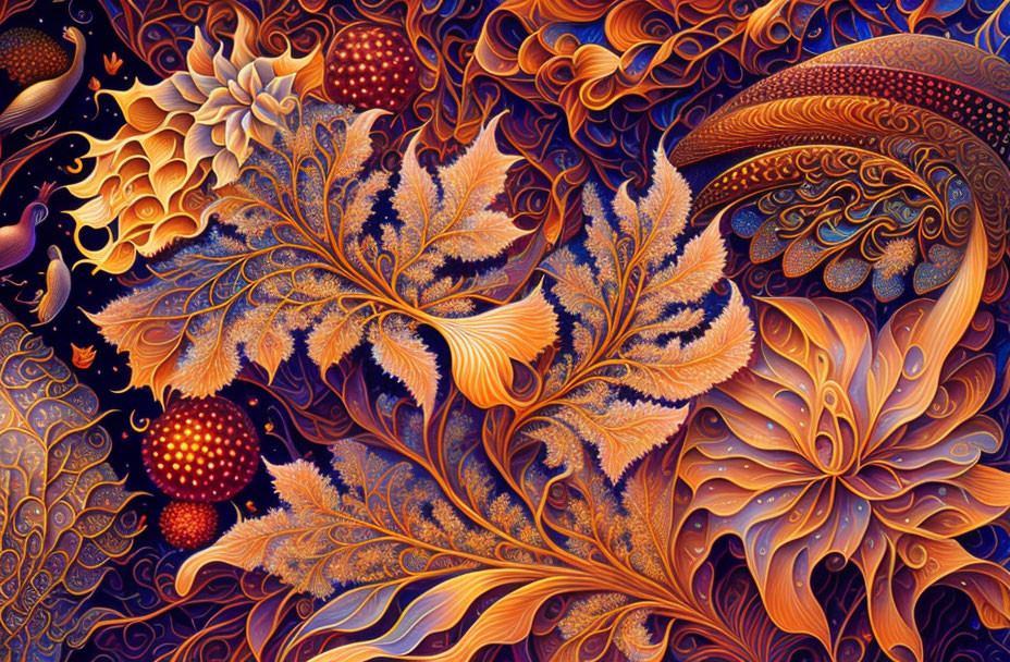 Colorful digital artwork: intricate floral and mushroom patterns in orange, blue, gold