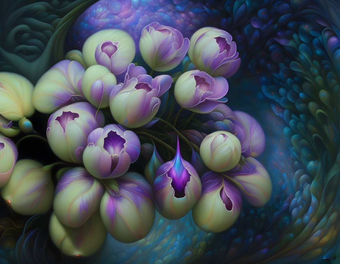 Surreal digital art: Purple and white flower bouquet in iridescent underwater setting