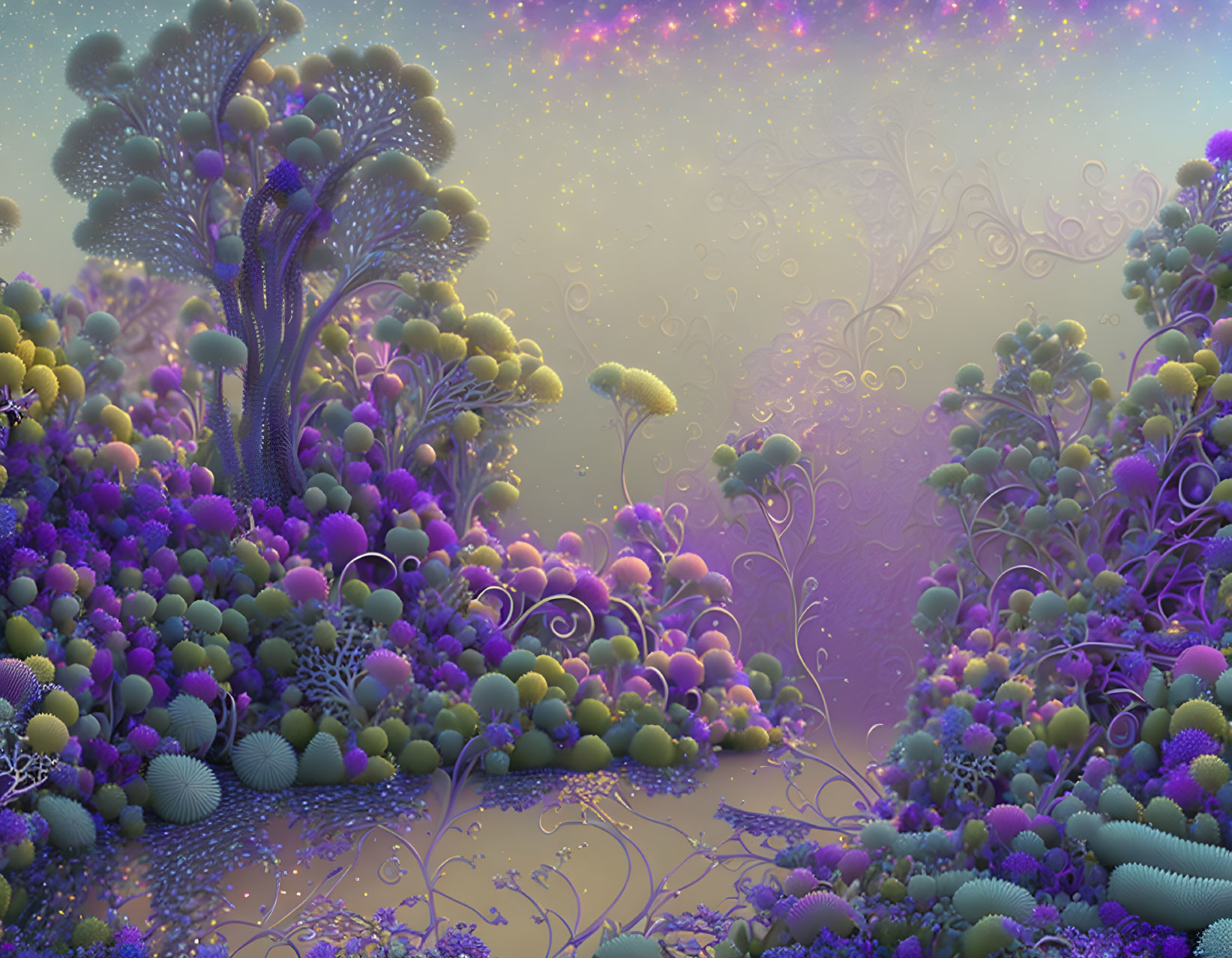 Fantasy-inspired landscape with vibrant flora under starlit sky